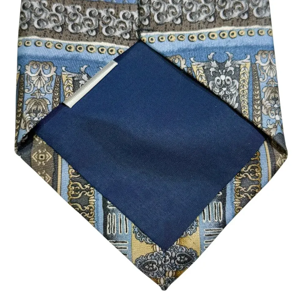 Rene Chagal Handmade Baroque Stripe Tie Blue Gray‎ Taupe Gold Ornate Classic